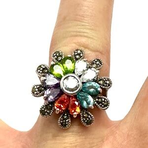 Vintage Sterling Silver Multi-Gemstone Flower Ring Marcasite Accents Size 9.5
